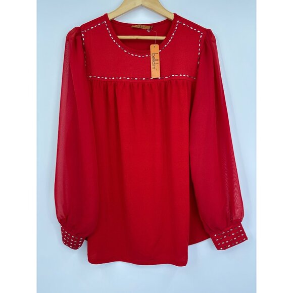 Belldini Embellished Sheer Long Chiffon Sleeve Stretch Blouse Top Red 1X NEW - Picture 1 of 7
